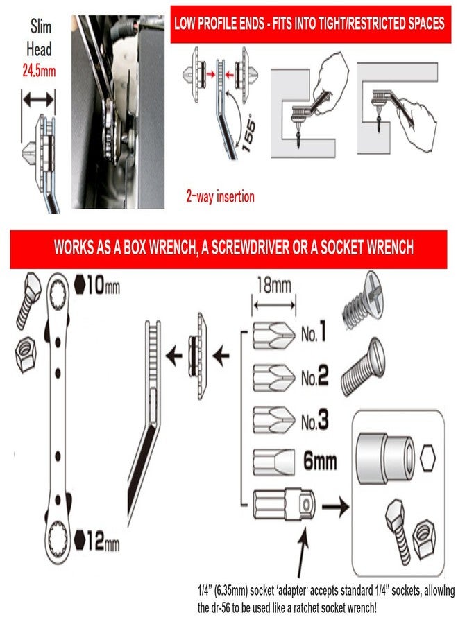Engineer MultiFunction 7In1 Low Profile Ratchet Spanner (Wrench) Screwdriver + Bit Set. Engineer dr56 - Image 3